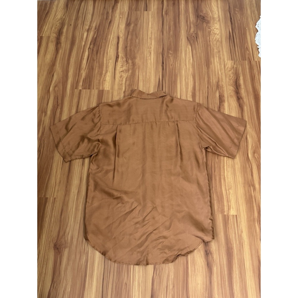 Silk House Size Small Brown Button Up Short Sleeve Blouse 100% Silk Women's - Picture 6 of 6